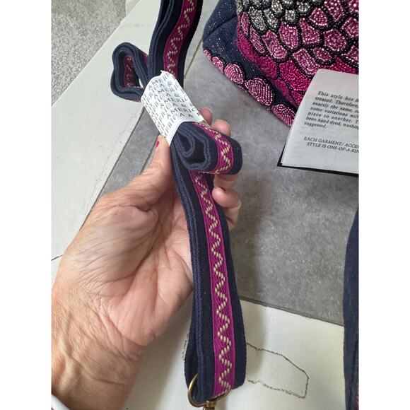 NWT Embroidered Floral Beaded Tote Bag Navy Pink Purple Shoulder Bag - Picture 6 of 7